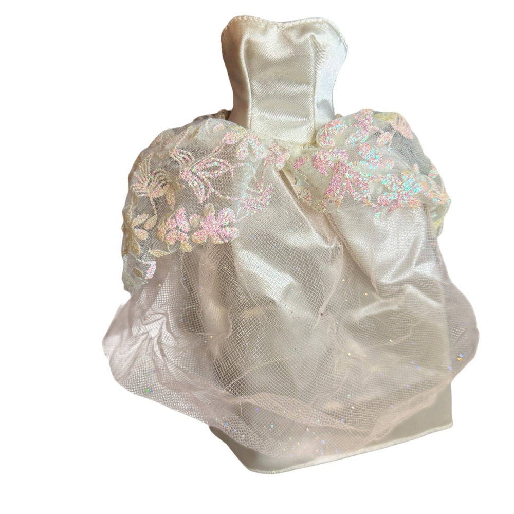 Barbie White Doll Ball Gown Iridescent Tulle Pink‎ Floral Lace Bridal Dress